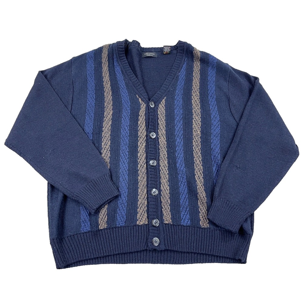 Vintage Cellinni Cardigan Sweater Men XL Blue Wool Blend Knit Grandpa Striped